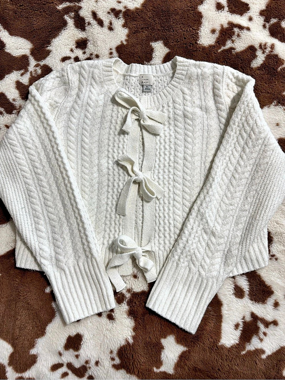 A New Day Long-Sleeve Bow Cardigan Sweater White XL